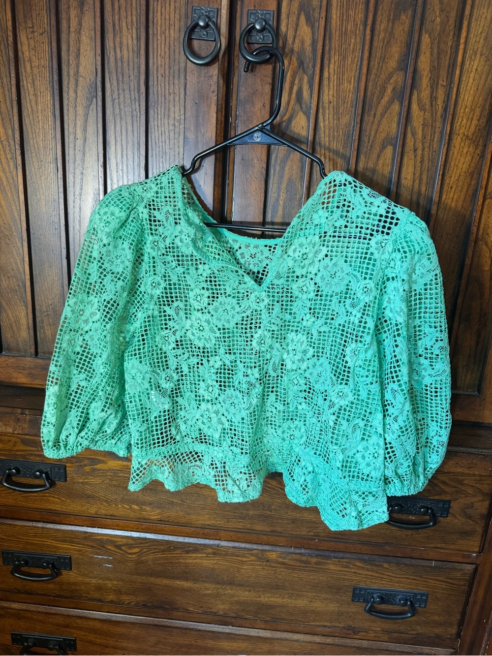 Crochet Lace V-Neck Blouse in Mint Green